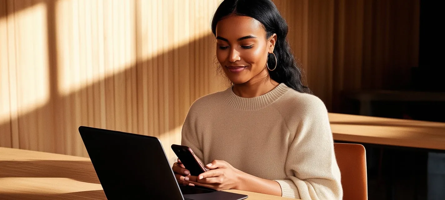 A female remote worker sitting in front of her laptop while using her mobile phone