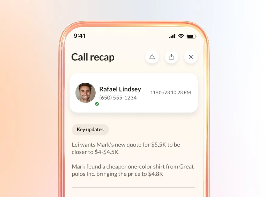 "Call recap" screen on a mobile app with contact and notes